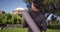 Healthy black woman with yoga mat in park waiting for class to start