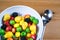 Healthy bowl with fruits and vegetables on table home spoon closeup happy enegry life breakfast
