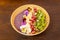Healthy bowl of yogurt with fruits, ripe kiwis, bananas