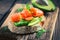 Healthy bread with salmon, dill and avocado