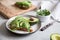 Healthy breakfast with avocado and Delicious wholewheat toast. sliced avocado on toast bread with spices. Mexican cuisine