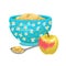 Healthy breakfast, baby food, porridge with an apple, a full plate with a silver spoon. Vector cartoon flat illustration