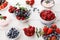 Healthy breakfast with berries and yogurt on white wooden table