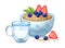 Healthy breakfast with berry. Oatmeal porridge with milk, yogurt, strawberry and blueberry. Granola bowl. Muesli flakes