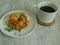 a healthy breakfast with black coffee, homemade cottage cheese and bagel. healthy eating