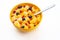 Healthy breakfast in a bowl with yogurt milk fresh fruits blueberries, apple, peach, grape, seeds and muesli