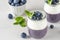 Healthy breakfast coconut yogurt and blueberry chia pudding with fresh berries and mint in glasses. Vegan food