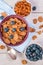 Healthy breakfast, coffee cornflakes berries and milk, top view close-up