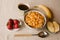 Healthy breakfast. Corn flakes with apple, strawberries, banana and coffee top view. Vegan breakfast.