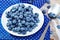 Healthy breakfast with corn flakes, berries (blueberry), milk on