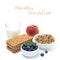 Healthy breakfast - crisp bread, apple, fresh blueberries, milk