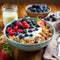 healthy breakfast featuring granola, berries, and yogurt