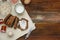 Healthy Breakfast. Fitness food. Eggs, Bread, Butter, Milk. Wooden Background. Flat Lay.