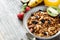 Healthy breakfast food: muesli granola fruits honey