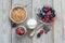 Healthy breakfast with Fresh greek yogurt, flakes and berries