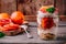 Healthy breakfast glass jar yogurt parfait with homemade granola and blood orange on a wooden background