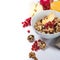 Healthy breakfast with granola and nuts and apples