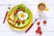 Healthy Breakfast with heart-shaped fried egg, toast, cherry tom