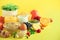 Healthy breakfast ingredients, food frame. Oat and corn flakes, eggs, nuts, fruits, berries, toast, milk, yogurt, orange, banana,