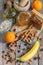Healthy breakfast ingredients: muesli, fruit, raisins,honey and