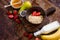 Healthy breakfast ingredients: Oatmeal, honey, fruit, strawberry