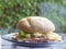 Healthy breakfast. italian bun with lettuce, cheese, ham and egg, healthy sandwich. natural background, selective focus