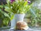 Healthy breakfast. italian bun with lettuce, cheese, ham and egg, healthy sandwich. tulips in vase in background