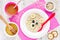 Healthy breakfast for kids - oatmeal with honey banana blueberry