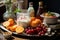 Healthy breakfast on the kitchen table, porridge , fruits