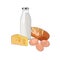 Healthy breakfast milk, bread, eggs, cheese. Protein farm food. Vector graphic illustration