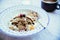 Healthy breakfast in the morning: cereals, berries and yoghurt