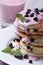 Healthy breakfast Pancake with blueberry sauce and milkshake