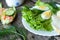 Healthy breakfast, sandwiches coffee salad eggs on dark wooden background. Plate food green vegetarian