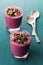 Healthy breakfast of smoothie, dessert, yogurt or milkshake with frozen blueberry and oats decorated grated chocolate and mint