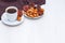 Healthy breakfast or snack concept. Black coffee, dried fruits. Copy space