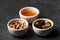 Healthy breakfast snacks for Oatmeal porridge. Dry raisins, honey and nuts