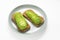 Healthy breakfast toast with avocado slices on white background