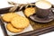 Healthy breakfast on tray: yogurt and cereal cookies