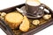 Healthy breakfast on tray: yogurt and cereal cookies