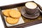 Healthy breakfast on tray: yogurt and cereal cookies