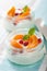 Healthy breakfast with yogurt apricot pomegranate