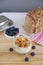 Healthy Breakfast: yogurt with blueberries and corn cereals and h