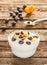 Healthy breakfast - yogurt with oat flakes and blueberries