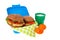 Healthy brown bread roll in blue lunch box with fruit and milk