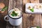 Healthy cauliflower cream soup in rural mugs