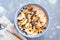 Healthy chocolate smoothie bowl with banana, chia and peanut butter.