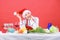 Healthy christmas holiday recipes. Best christmas recipes of perfect housewife. Woman chef santa hat cooking at kitchen