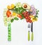 Healthy clean eating or diet food concept. Various salad vegetables cutlery and green measuring tape on white background, top view