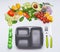 Healthy clean eating or diet food concept. Various salad vegetables with lunch box , cutlery and green measuring tape on white