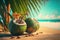 Healthy coconuts on tropical beach background